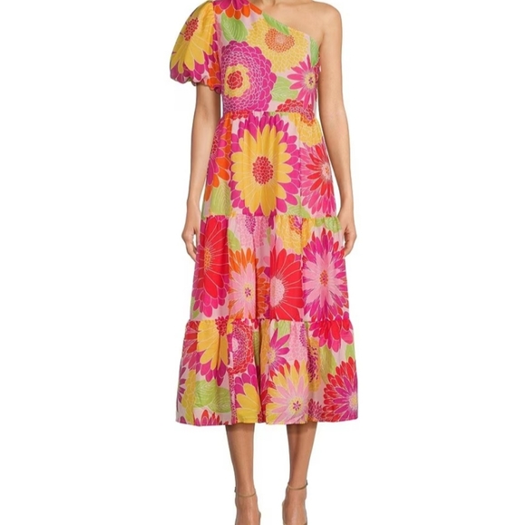 J.Marie Leilani One Shoulder Short Puffed Sleeve Tiered Midi DressFrom J.Marie, - Picture 1 of 13